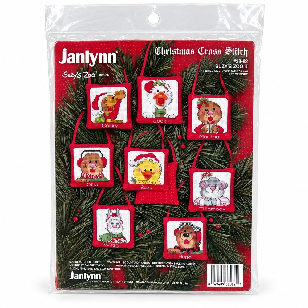 Janlynn 3x3 Suzy's Zoo II Christmas Cross Stitch Ornament Kit 38-82 Set of 8 NEW